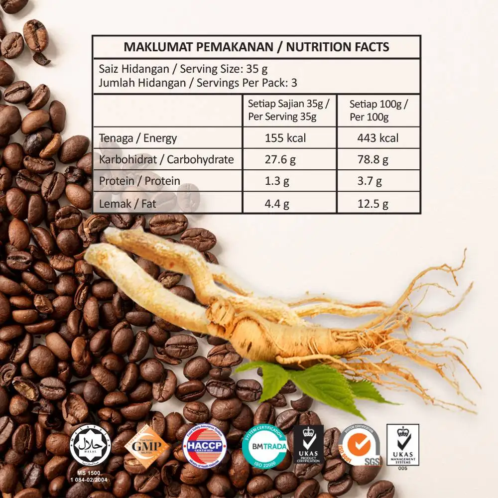 Best Seller Tongkat Ali and Ginseng Instant White Coffee 3 Sachets Individual Pack Relieves Physical Fatigue