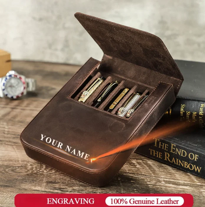 Personalized Fountain Pen Case Genuine Leather Holder Pencil Pouch Retro Pen Box Organizer School Office Men Women gift
