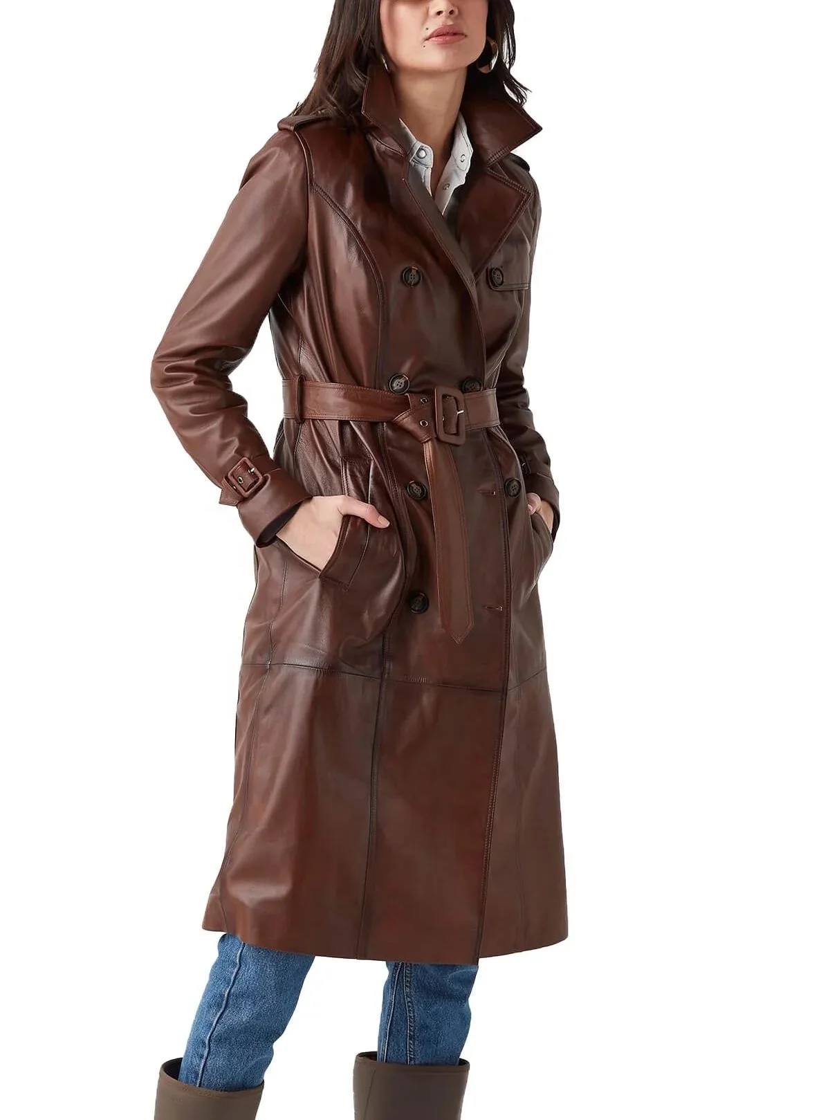 High Quality Womens Plus Size Clothing Real Sheepskin Stand Collar Long Coat Ladies Outerwear Belted Down Leather Trench Coat