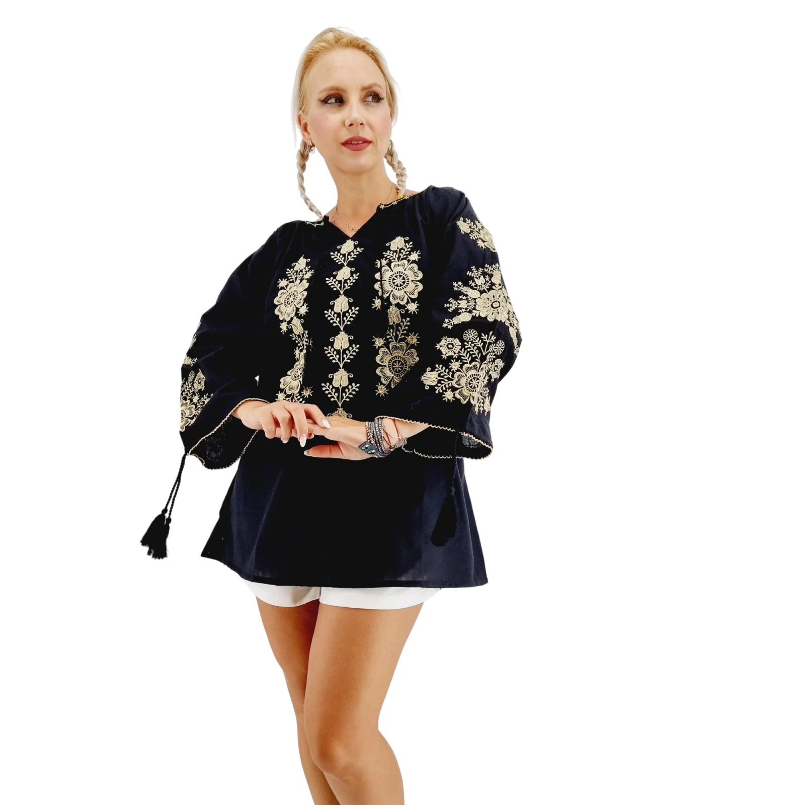 Boho Floral Embroidered Top with Long Sleeves High Neck Mini Length Romanian Blouse Woven Cloth Natural Waistline Washable