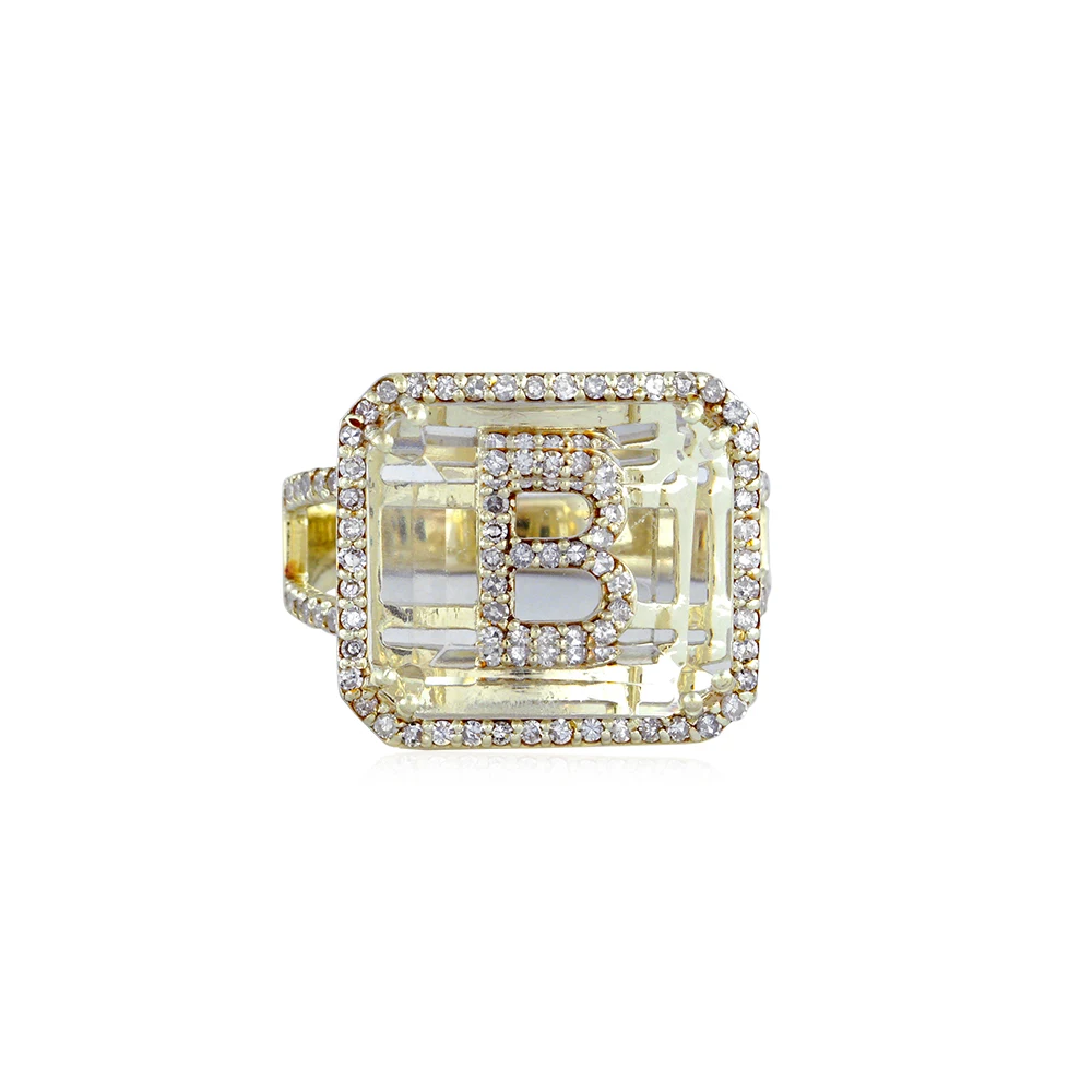 Solid 14k Yellow Gold Natural Pave Diamond Initial B Customize Alphabet Ring Crystal Jewelry Wholesale US-9