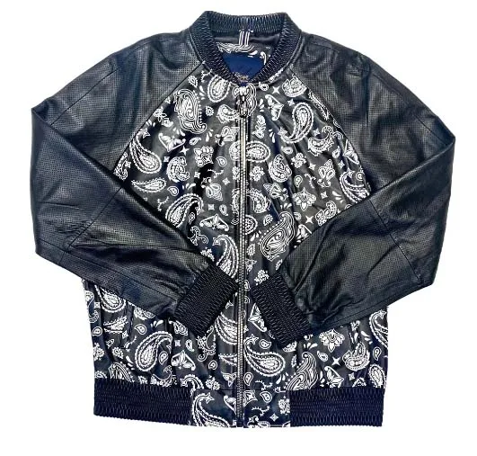 Black Paisley Print Body Lambskin and Perforated Leather Bomber Jacket