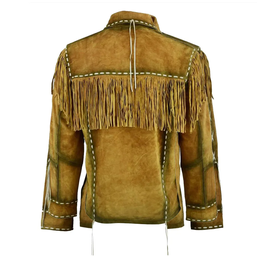 Western Style Cowboy Style Fringed & Beaded Hand Made Work Cow Suede Men Leather Shirt / Cowboy Suede Leather Jacket