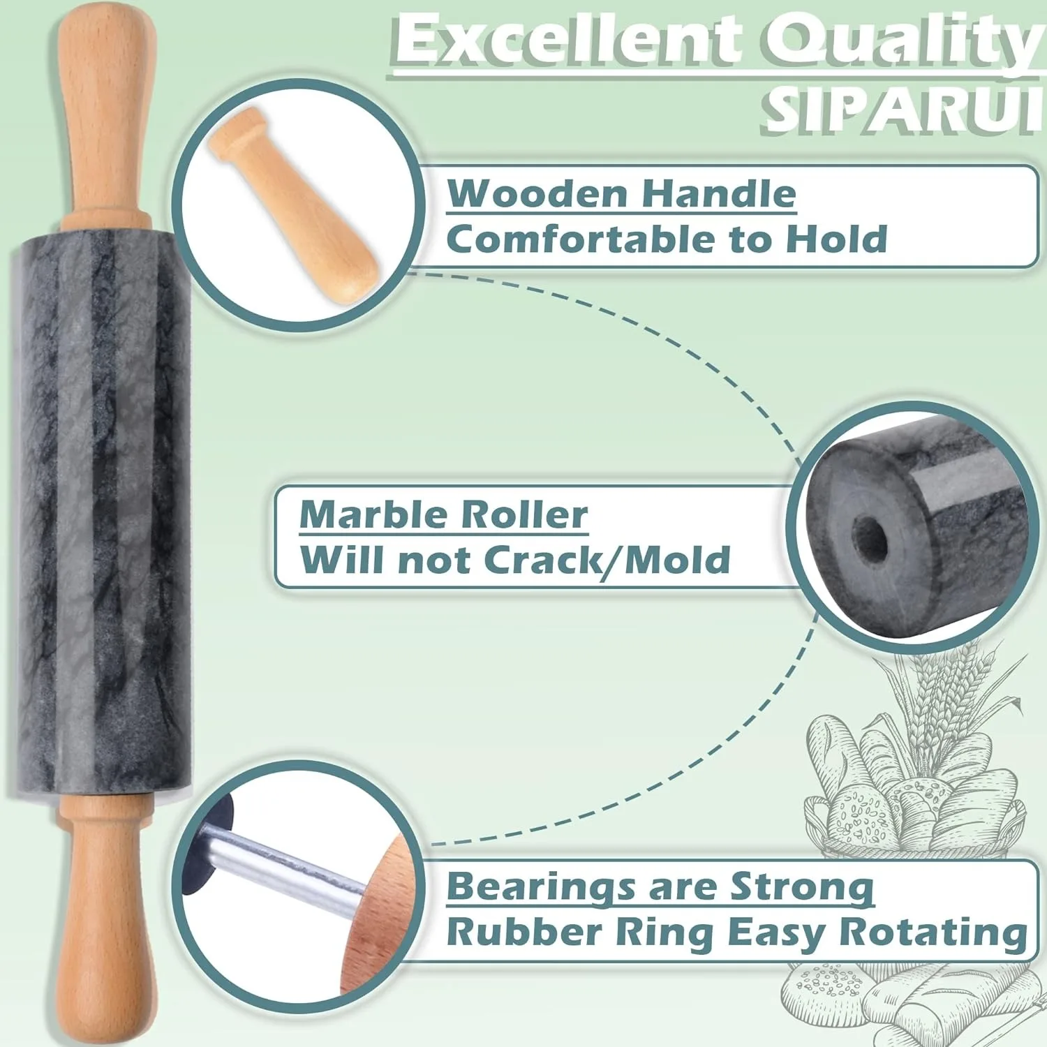 black Marble Rolling Pin with Wooden Cradle Thick Handle Set for Baking,18.5 inch Premium Quality Polished Roller for Pizza Dou