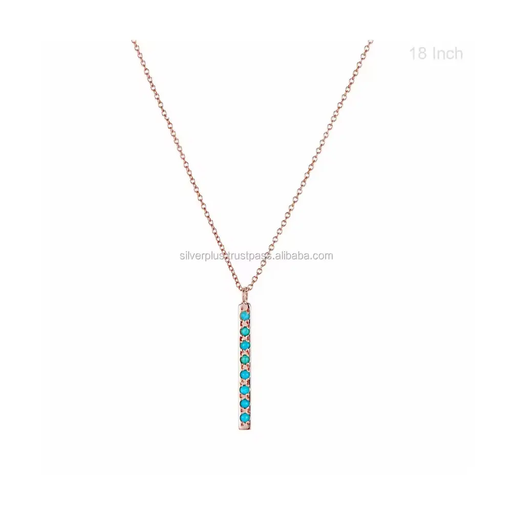 Solid 18K Yellow Gold Genuine Sleeping Beauty Arizona Turquoise Gemstone Bar Drop Pendant Necklace  Manufacturer