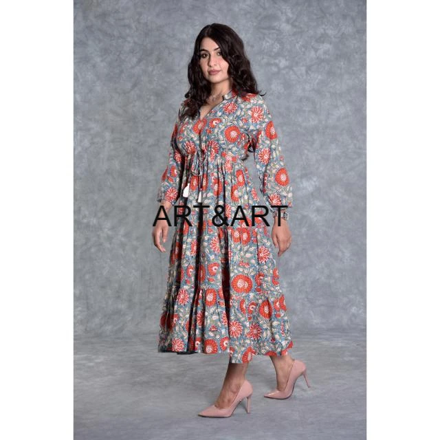 New Hand Block Printed Long Dress Handmade Cotton Vintage Dress Casual Women Dress Party wear Beautiful Flower Gown