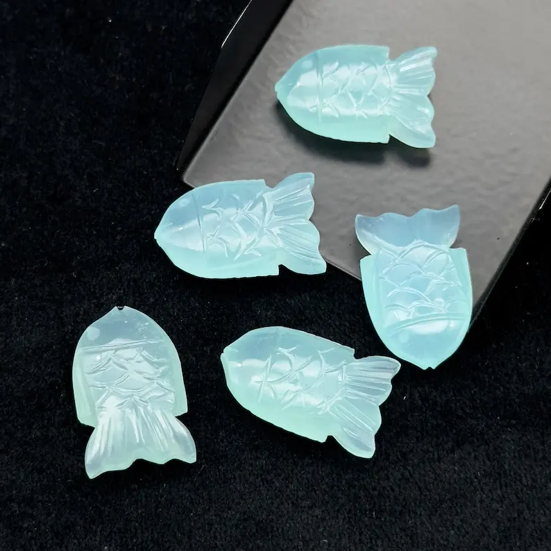 Natural Aqua Chalcedony Handmade Fish Carved Gemstone Beads For Jewelry Making 24MM Fancy Shape Carvings Charms In Bulk Price