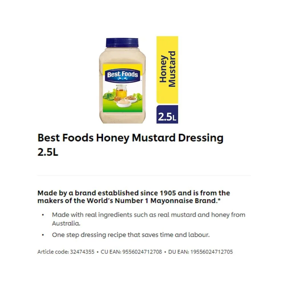 Bring our the Best World Number 1 Mayonnaise Brand Best Foods Honey Mustard Dressing 2.5L