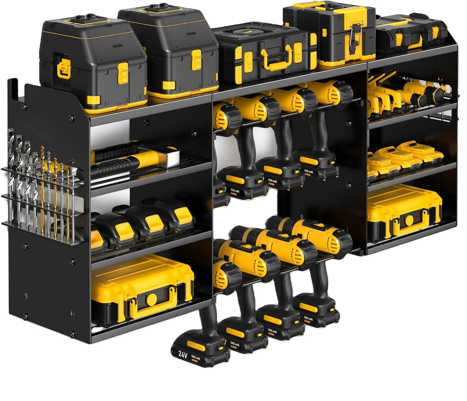 4 Tier Power Tool Wall Mounted Heavy Duty Drill Stand for 8 Drill Bits Metal Drill Storage for Garages and Benches