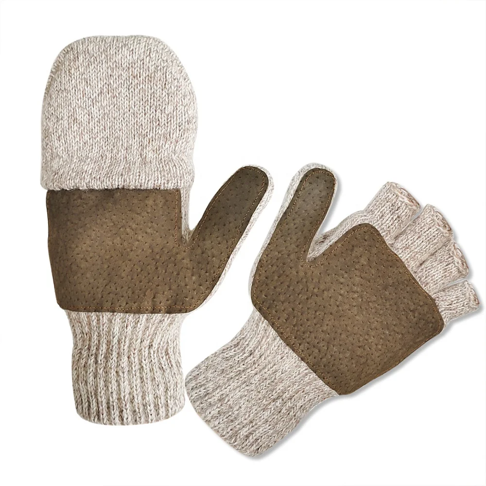 Beige Thermal Warm Wool Nylon Fingerless Knitted Work Safety Gloves with Pigskin Leather Palm Thinsulate Liner