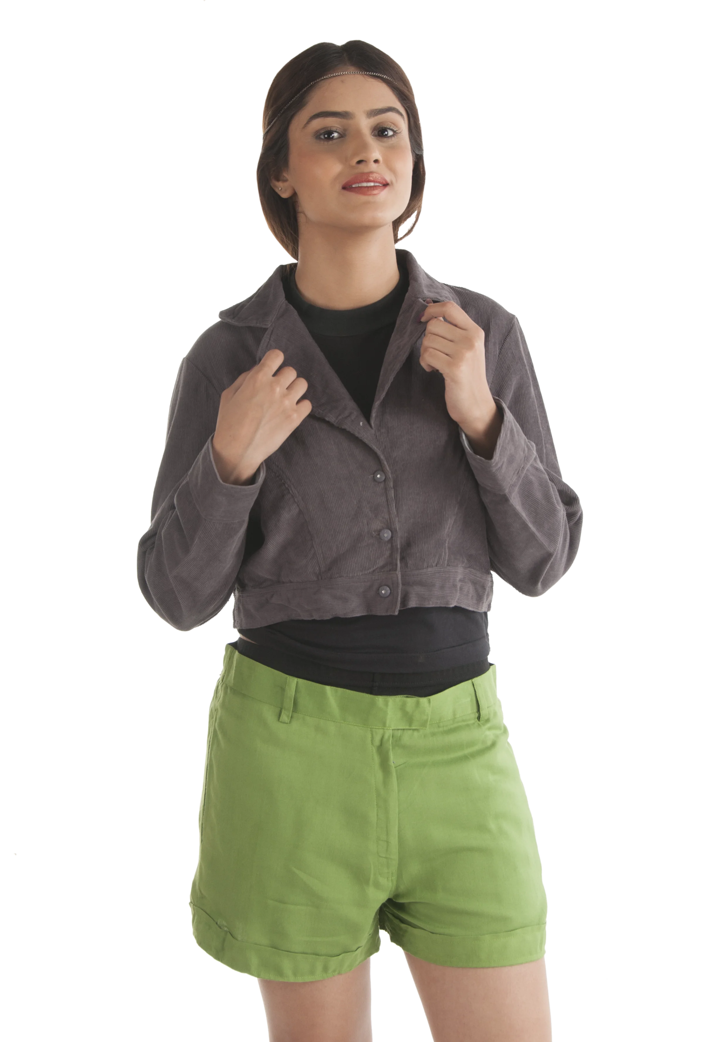 Latest 2024 New Style Corduroy Short Cotton Bomber Jacket with Coat Collars and Buttons for Girls Available at Wholesale Price