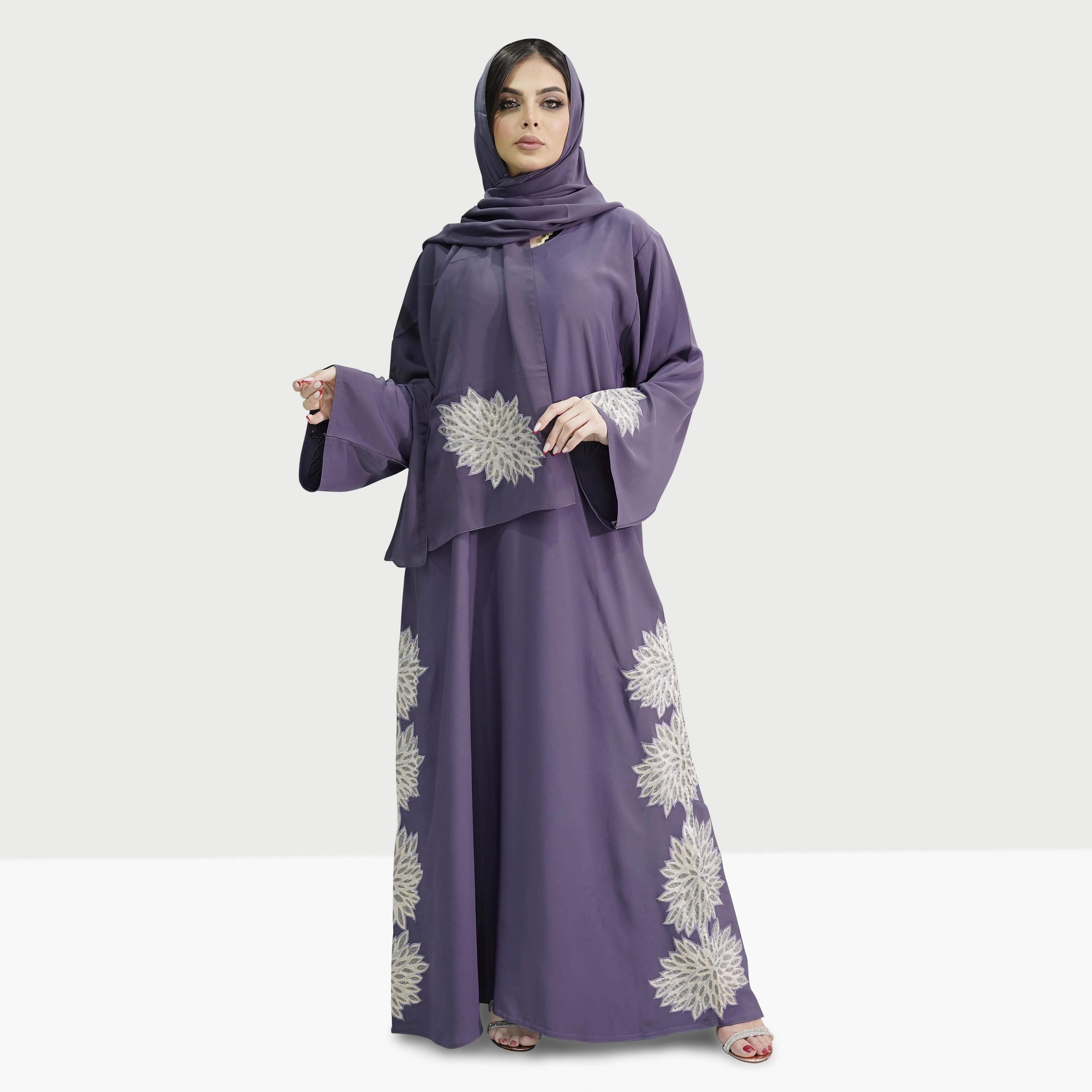 Flora кружевная вышивка абайя-фиолетовая Индиго-корейская ткань Nida-Dubai Abaya