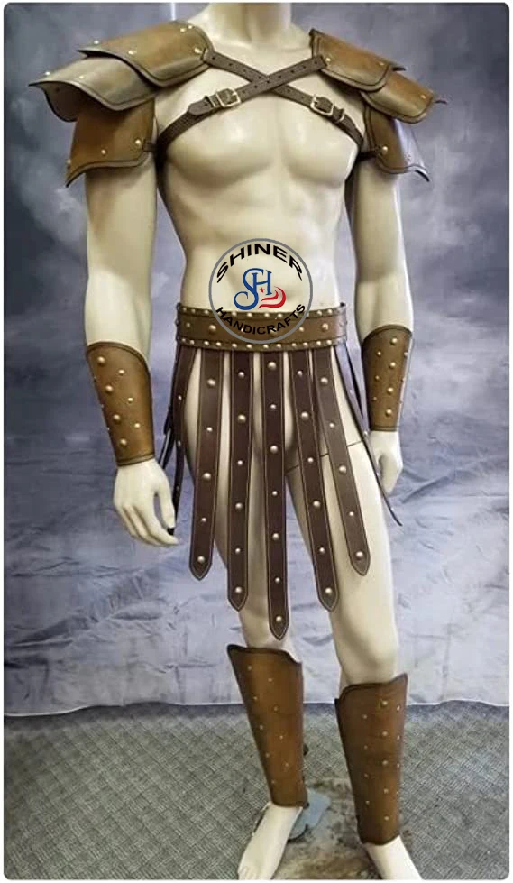 Medieval Armor Leather Roman Heavy Brass Leather Belt Greek Spartan Brown Leather Arm Guards & Leg Guard Men Halloween  Costume
