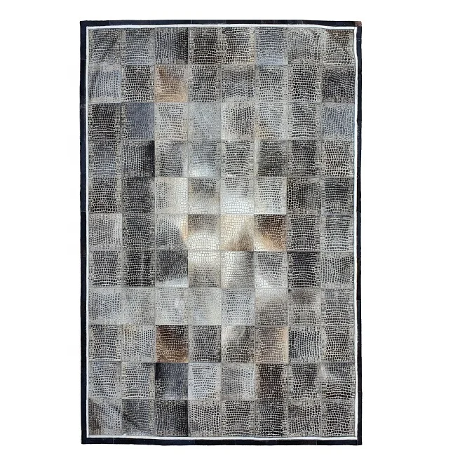 High Quality Laser Engraved Grey and Black Real Cowhide Leather Hair-on Handmade Cow Fur Leather Area Rug And Carpets For Home