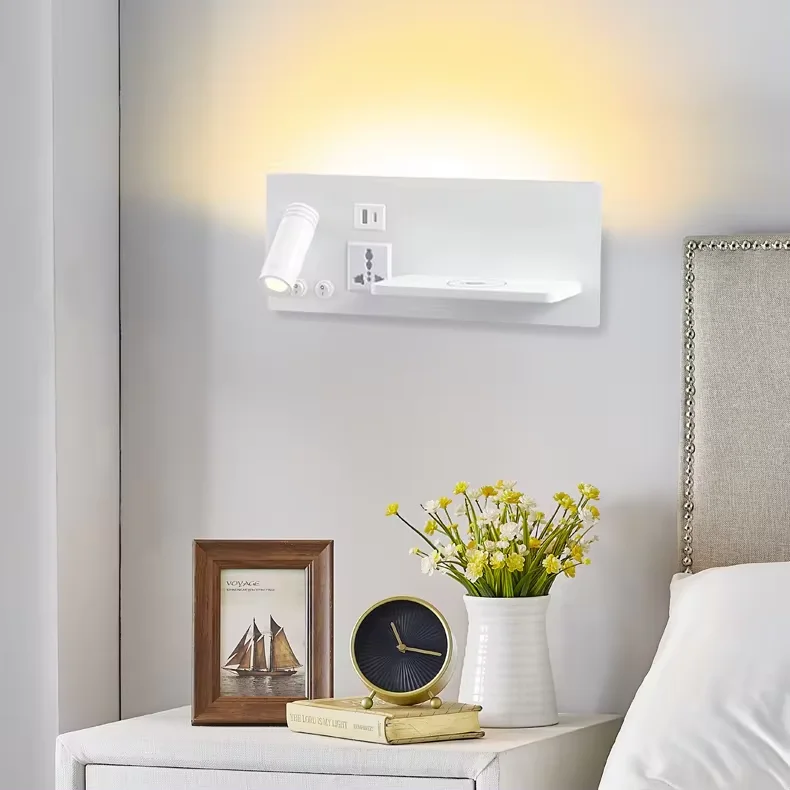 Indoor LED Wall Light Reading Lamp with USB Type-C Wireless Phone Charging Multi Plug Multifunction Bedroom Wall Lamp