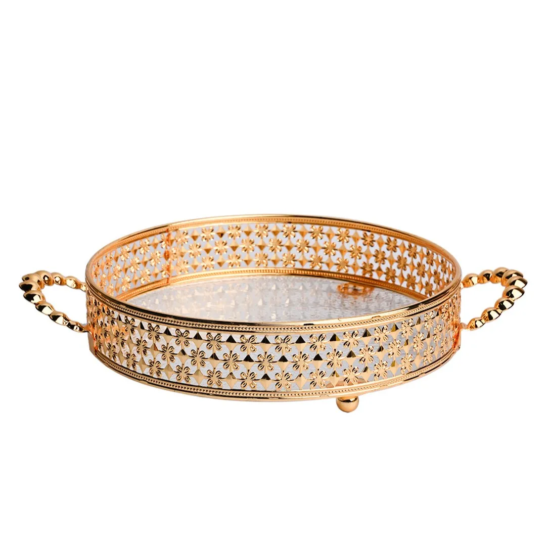 Customized Gold Metal Round Serving Tray with Handles for Home Restaurant and Christmas Decor Arabic Turkish Metal Tray
