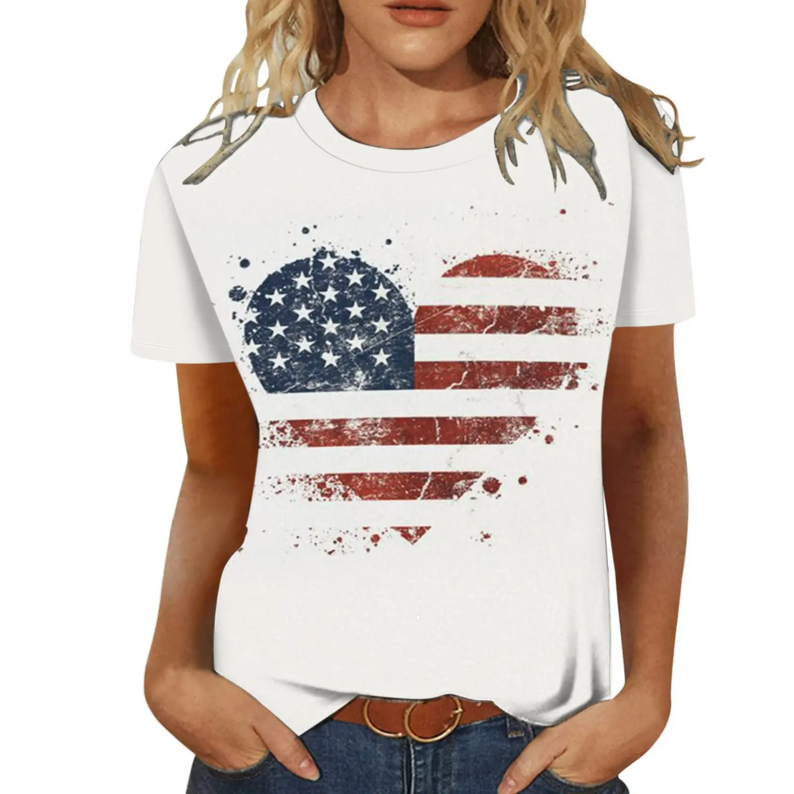 Butterfly American Flag Heart Love Print T Shirts Women Short Sleeve Boat Neck Lounge Plain Tops Tee