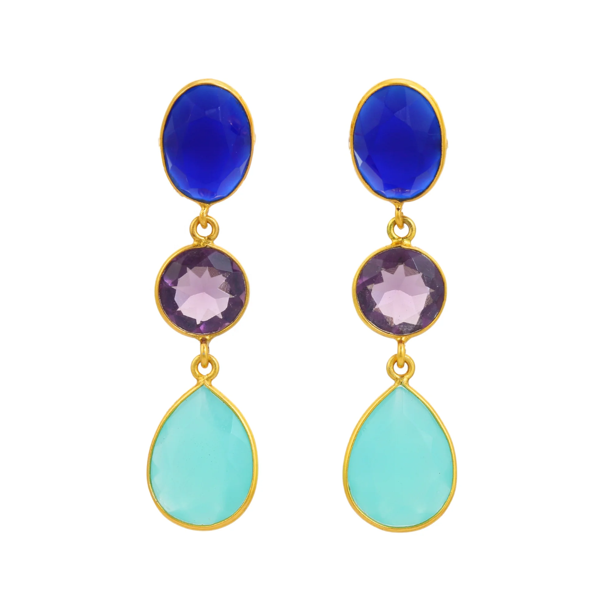 Top Quality Royal Blue and cute Blue Amethyst and Aqua Chalcedony Short handmade bezel Multi stone earring