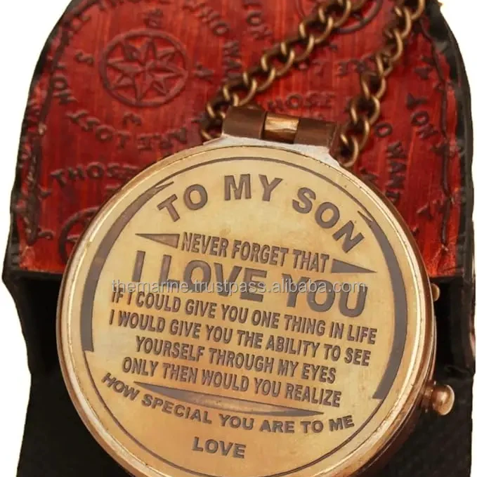 Antique Nautical Brass Engraved To My Son Compass Chain With Engraved Red Leather Case for Camping Hiking & Home Decorative