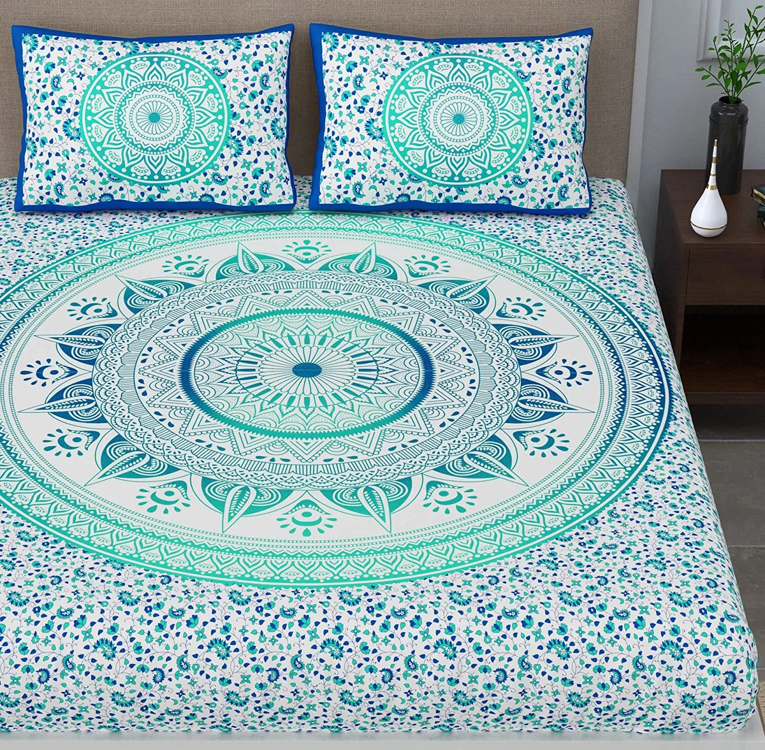 Indian Mandala Double Size Bed Cover sheet with 2 Cushion Pillow Bohemian boho bed set tapestry bedding  Ethnic Decorative Art