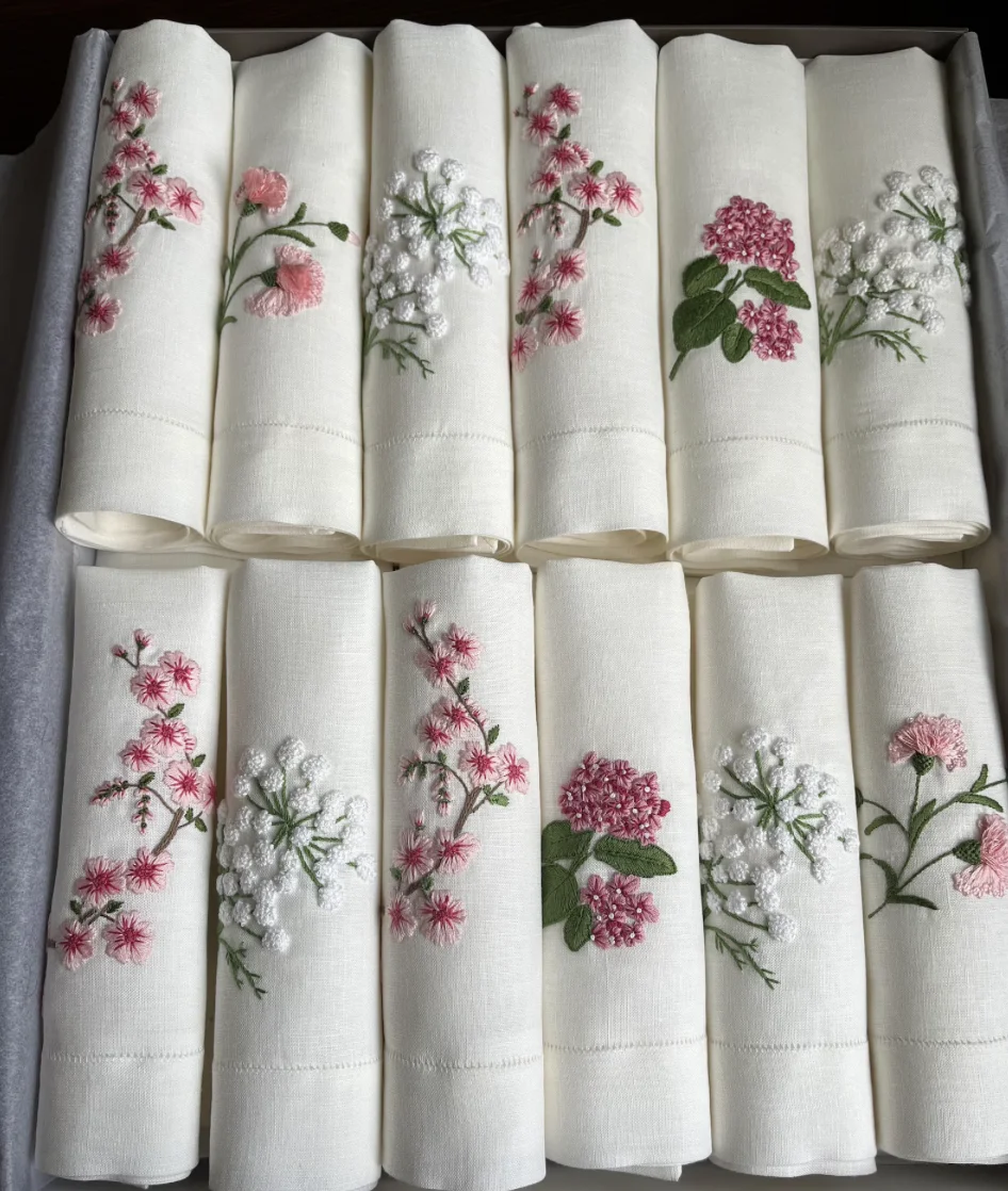 Set of 12 Hand Embroidered Botanical Flowers Napkins Pink Linen Cloth Dinnerware Premium Handcrafted Embroidery