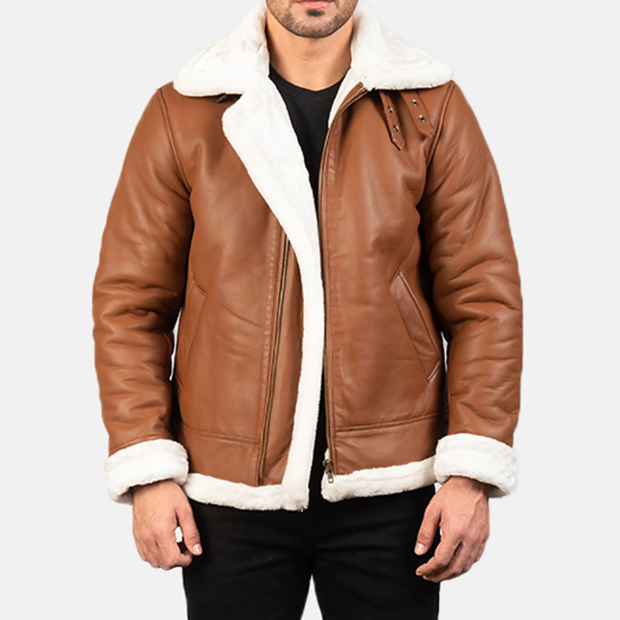Super Quality Aviator Brown Shearling White Fur Leather Jacket Custom Genuine Leather Manufacture