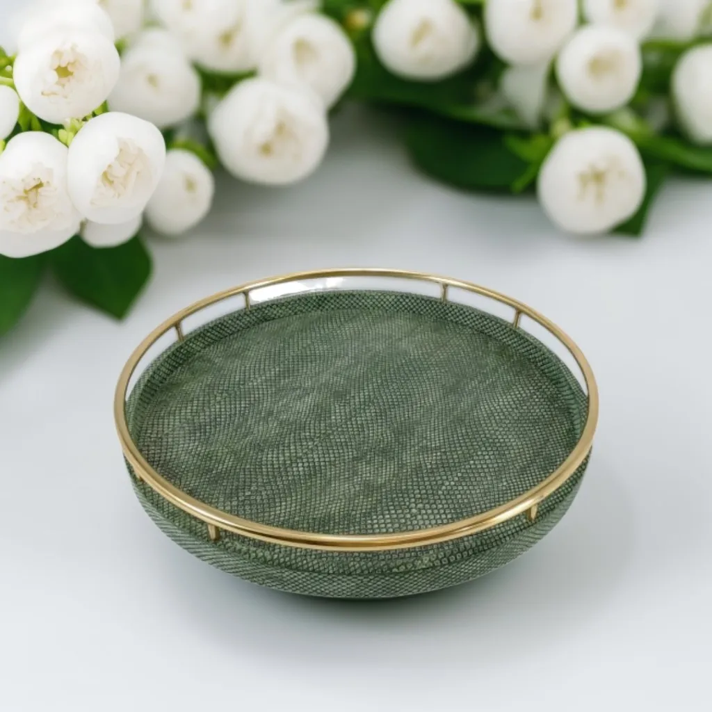 Высококачественный круглый поднос для хранения shagreen питона с мхом зеленая латунная кольцевая ручка