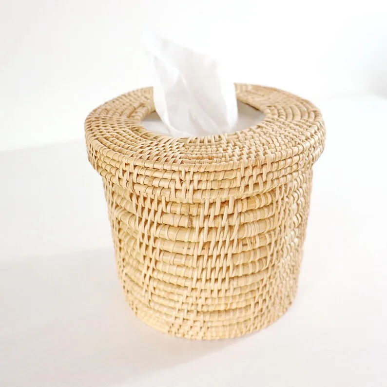 Top Selected Handmade Tissue Box Cover Woven Round Rattan Woven Dispenser Natural Rattan Handicraft Woven Round Made In Viet Nam