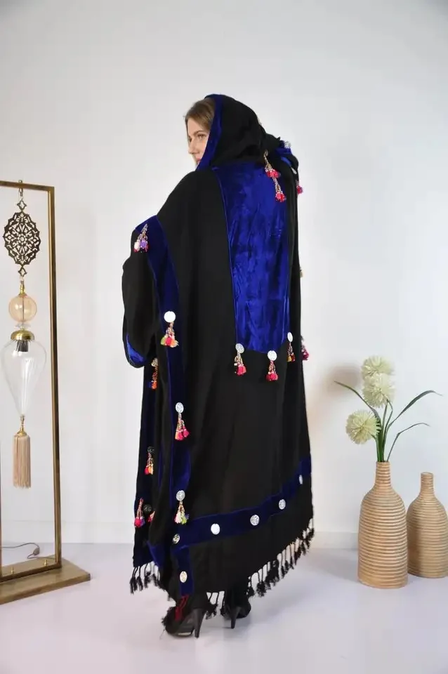 New Arrival Women Unique Silver Coins Designer Hooded Coat Gypsy Style Velvet Abaya Dress For Women