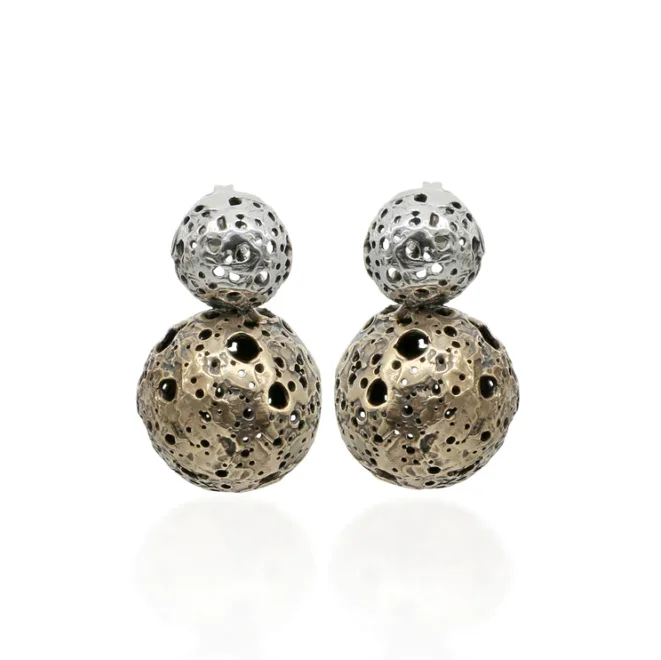 Fashion design handmade top quality earrings with two spheres pendant in 925 silver and bronze
