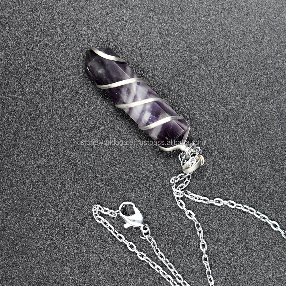 Latest Amethyst Pencil Point Pendant Necklace, Spiral Wire Wrapped Amethyst Quartz Pendant Necklace / Stone World Agate