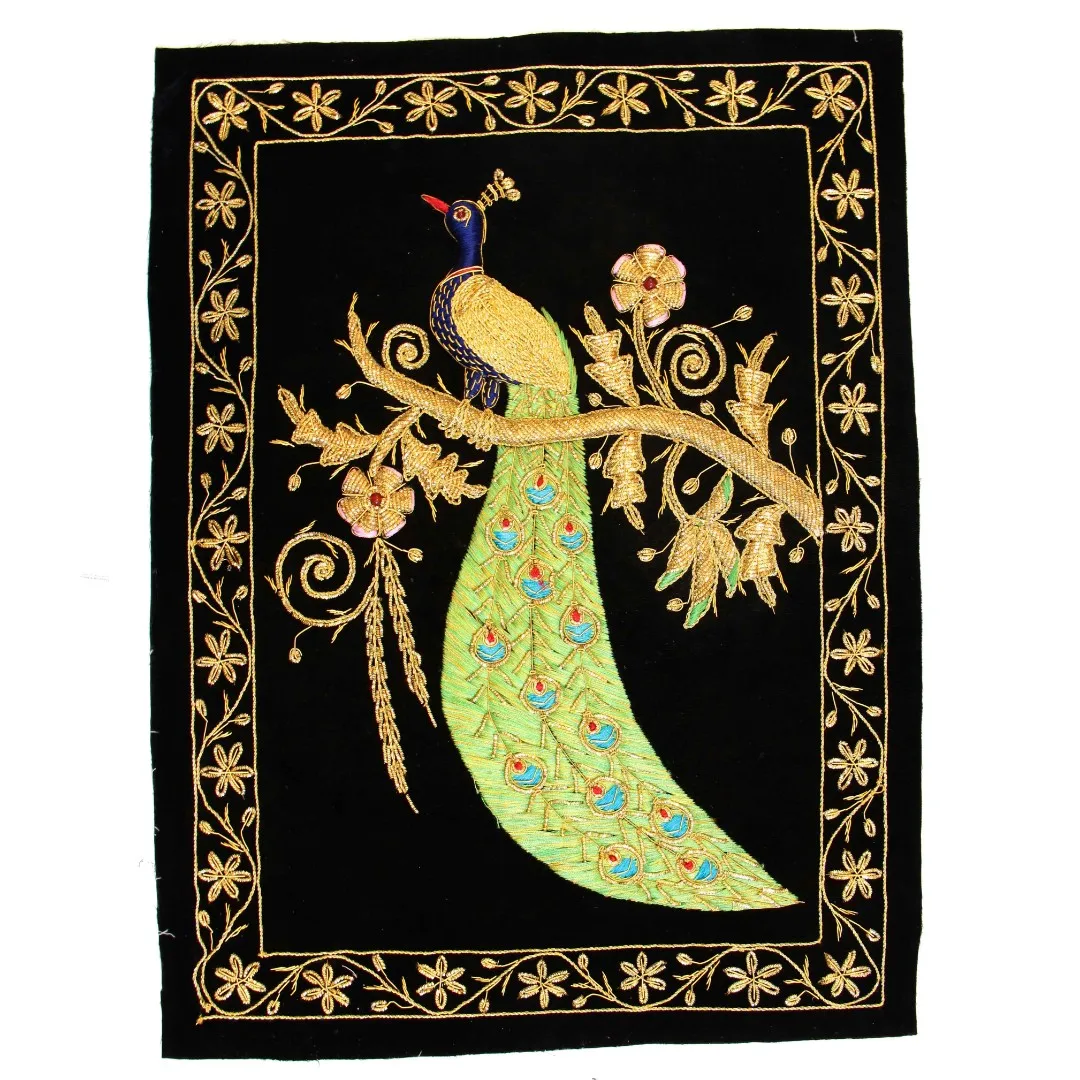 Golden thread zardozi floral tapestry with semi precious stones, zardozi jewel carpet, embroidered wall art