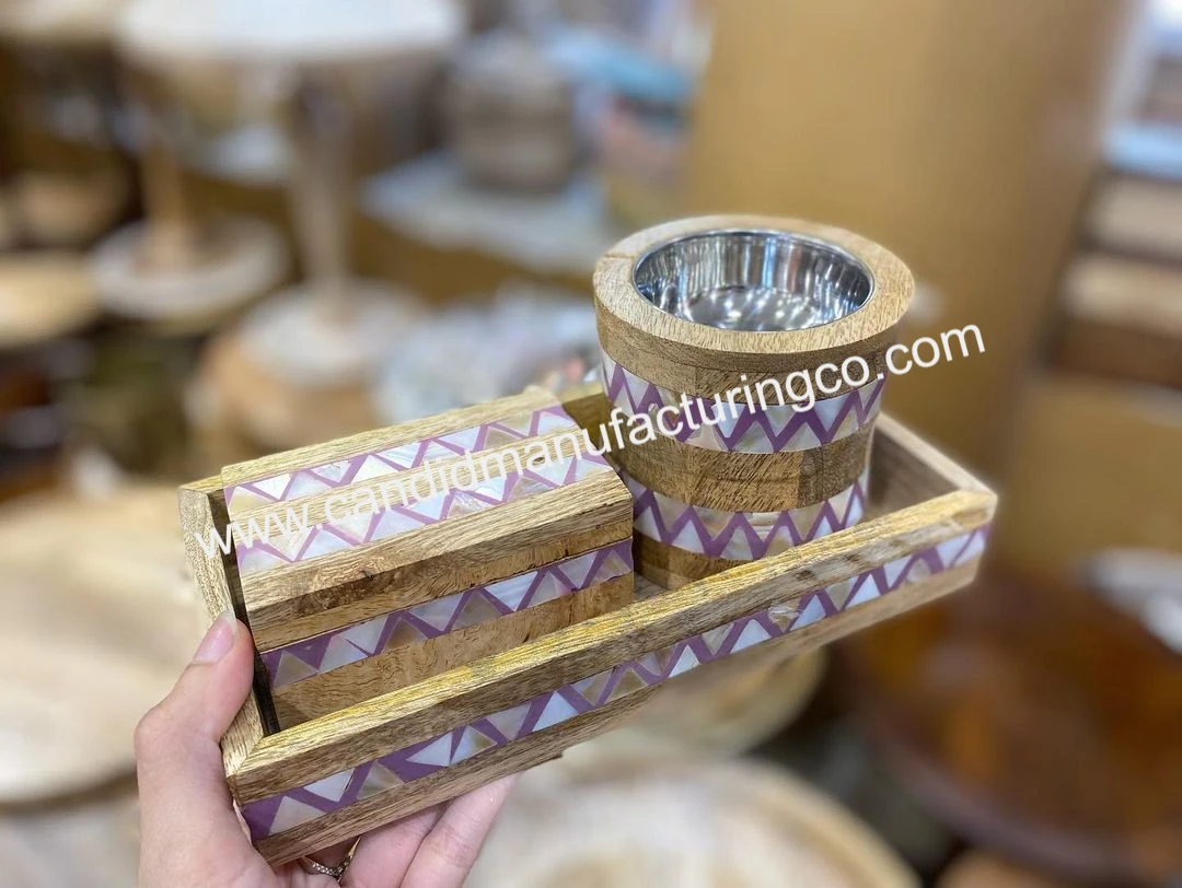 Best Price Bakhoor Burner Set of 3pcs Handmade Wood Tray Box with Mother Pearl Resin Tea Scent Perfect Gift India Manufacturer