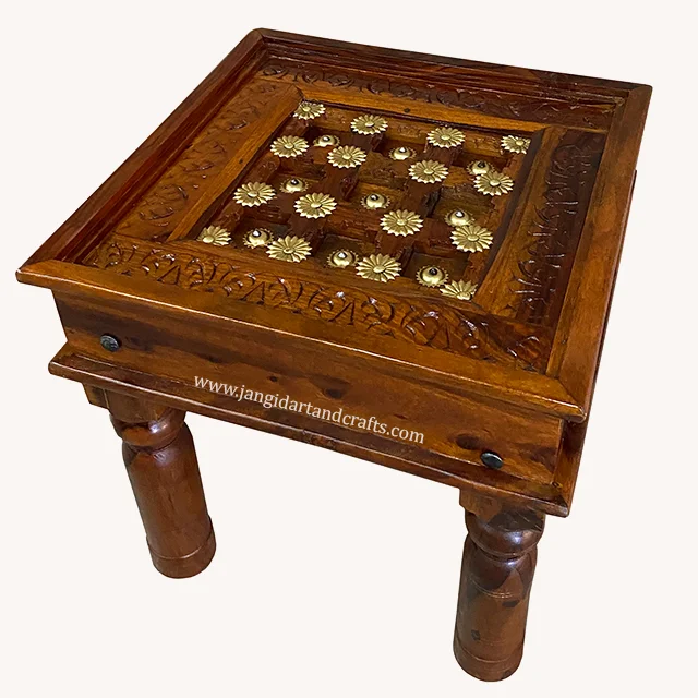 Living Room Brass Fitted Furniture Wood Coffee Table Antique Vintage Center Table with Solid Wood Leg Indian Furniture Exporter