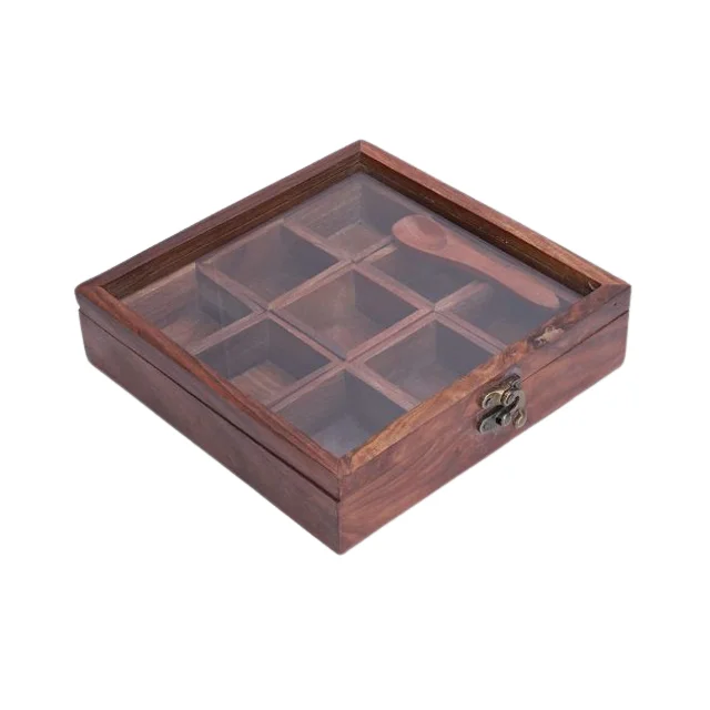 Stylish Brown color Design Wood Spice Box Custom Logo Natural Spice Salt Box Metal wooden kitchen tools spice