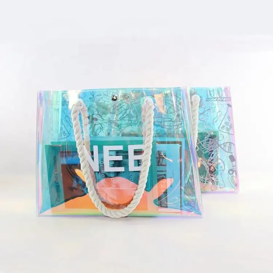 Custom Holographic PVC Shopping Clear Tote Bag Transparent Beach Shopping Bag with Thick Handle Cajas De Carton Casa De Regalo