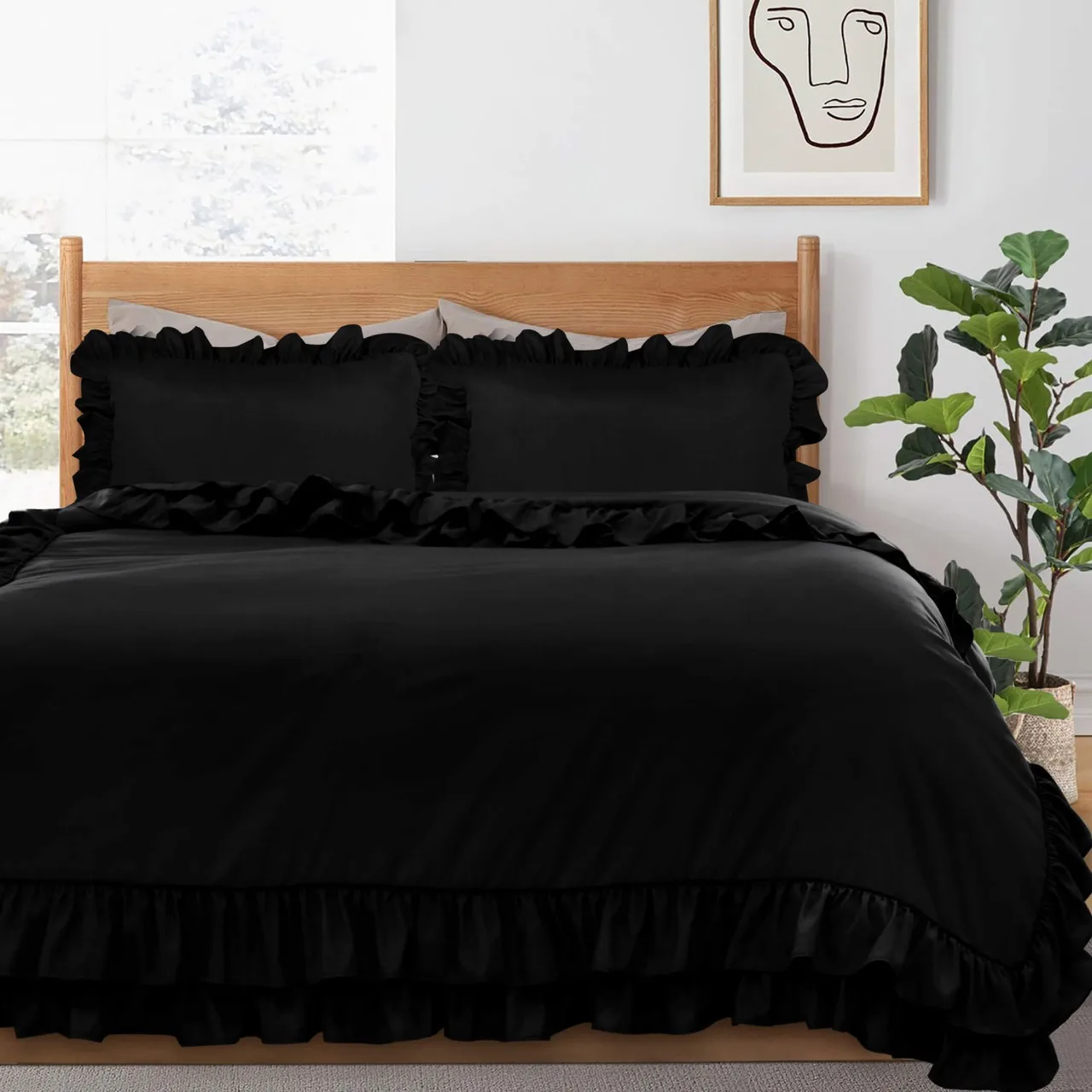 New Design Affordable wholesale Ruffled style Black Duvet set Microfiber duvet cover custom OEM ODM solid color