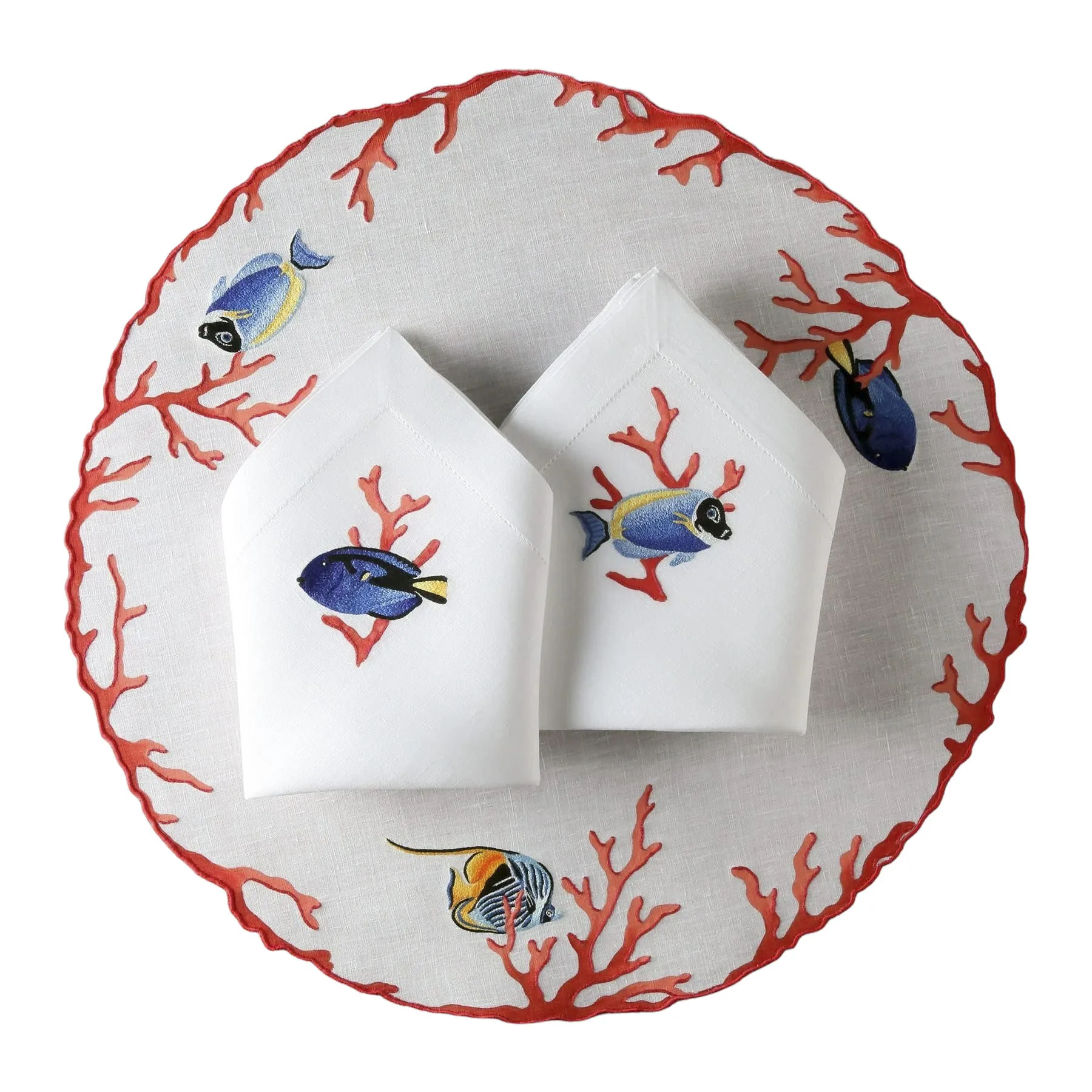 Embroidered Red Coral&Fish Placemat& Napkin Set Round Scalloped Border Cotton Mats for Home Hotels Restaurants Events