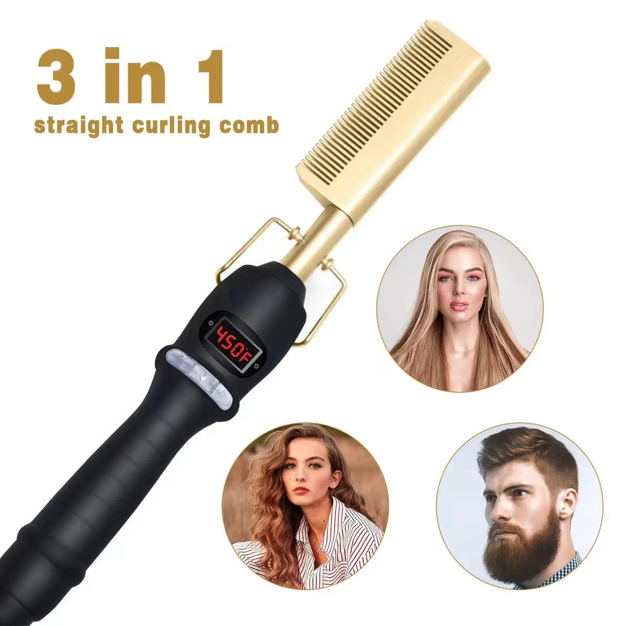 Multifunctional Handheld 3 In 1 Copper Electric Hair Straightener Comb Heated Curling Beard Comb