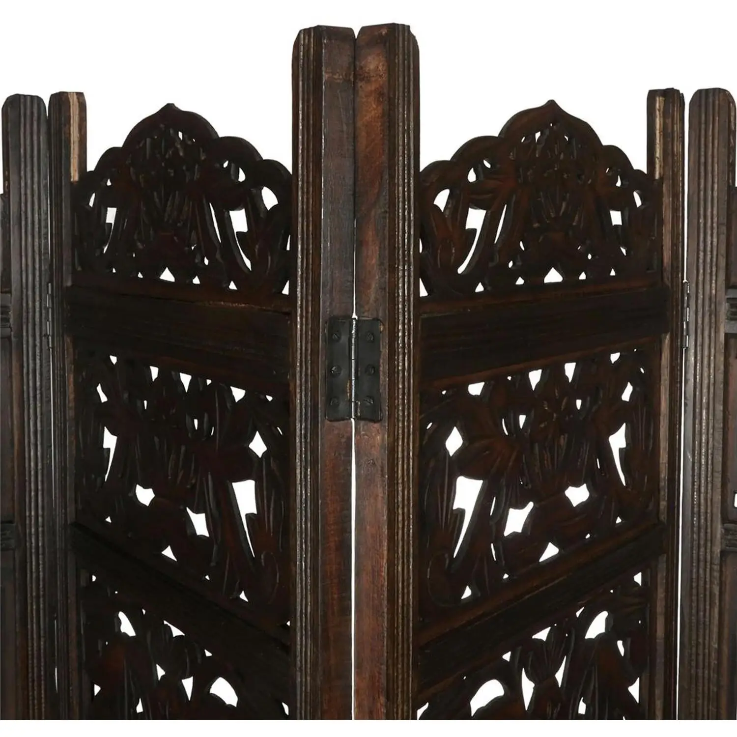 Natural 4 Panel Heavy Carved Wooden Room Divider Solid Mango Wood Frame with MDF Leaf Carving Partition Screen for Home Decor
