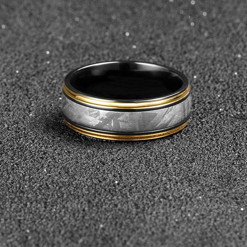 Custom Meteorite Rings mens Fashion jewelry bague homme anillos hombre Plating gold black zirconium inlay meteorite ring for men