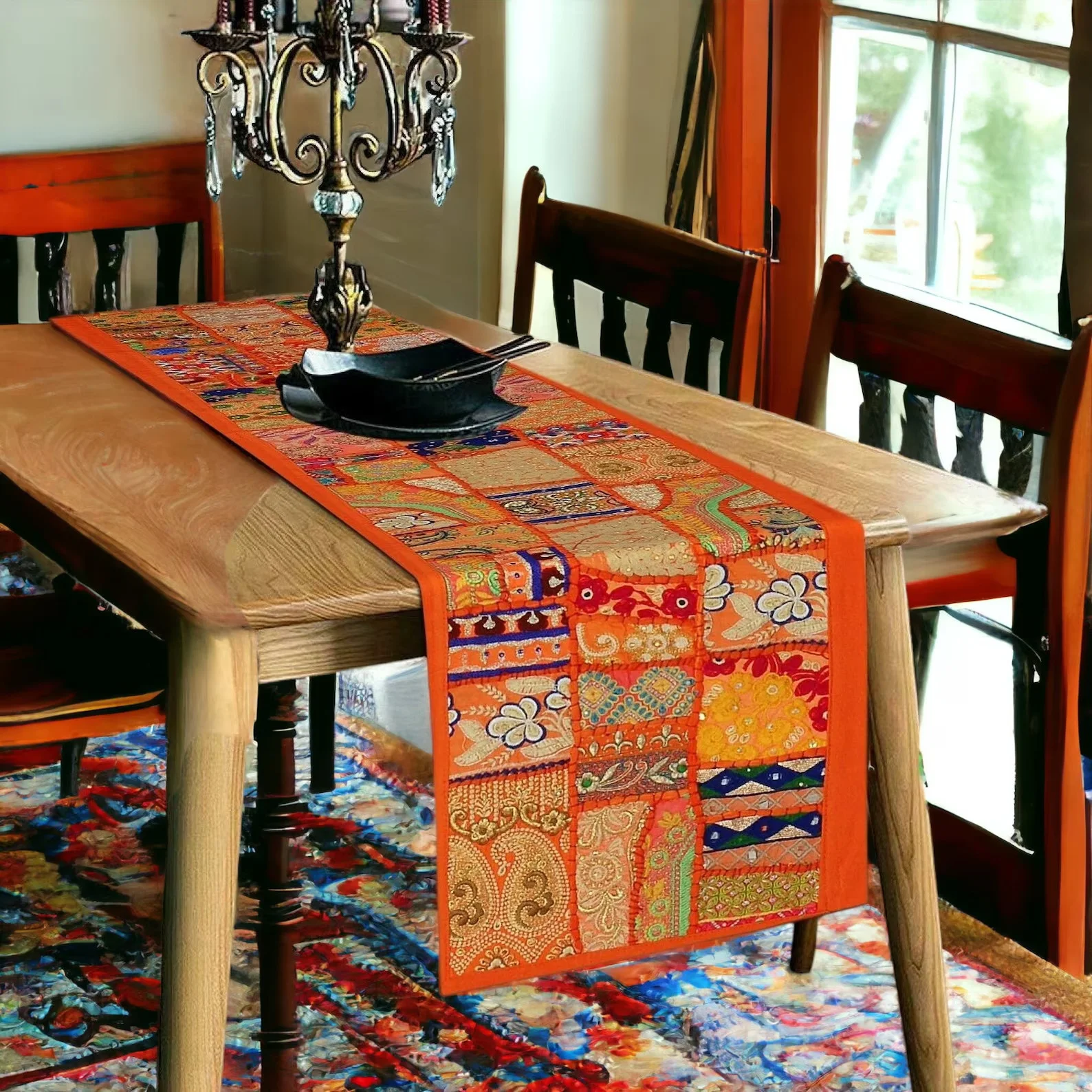 Indian Decor Room Art Ethnic Cotton Cloth Decorative Embroidered Handmade Mirror Beads Indian Unique Patchwork Dinning Runner