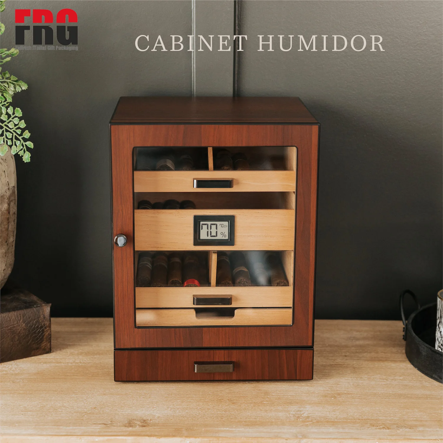 Customize Humidor Cabinet, Rich Brown Walnut Grain Large Size 80-100 Cigars Digital Hygrometer with Spanish Cedar