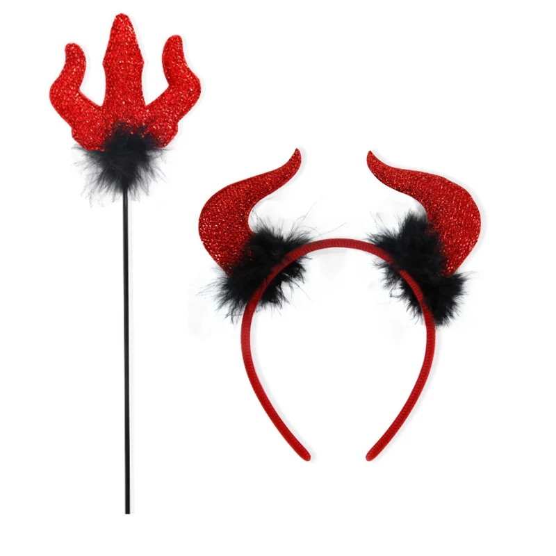 New Halloween Makeup Ball Prop Bull Horn Headband Trident Cane Red Devil Set