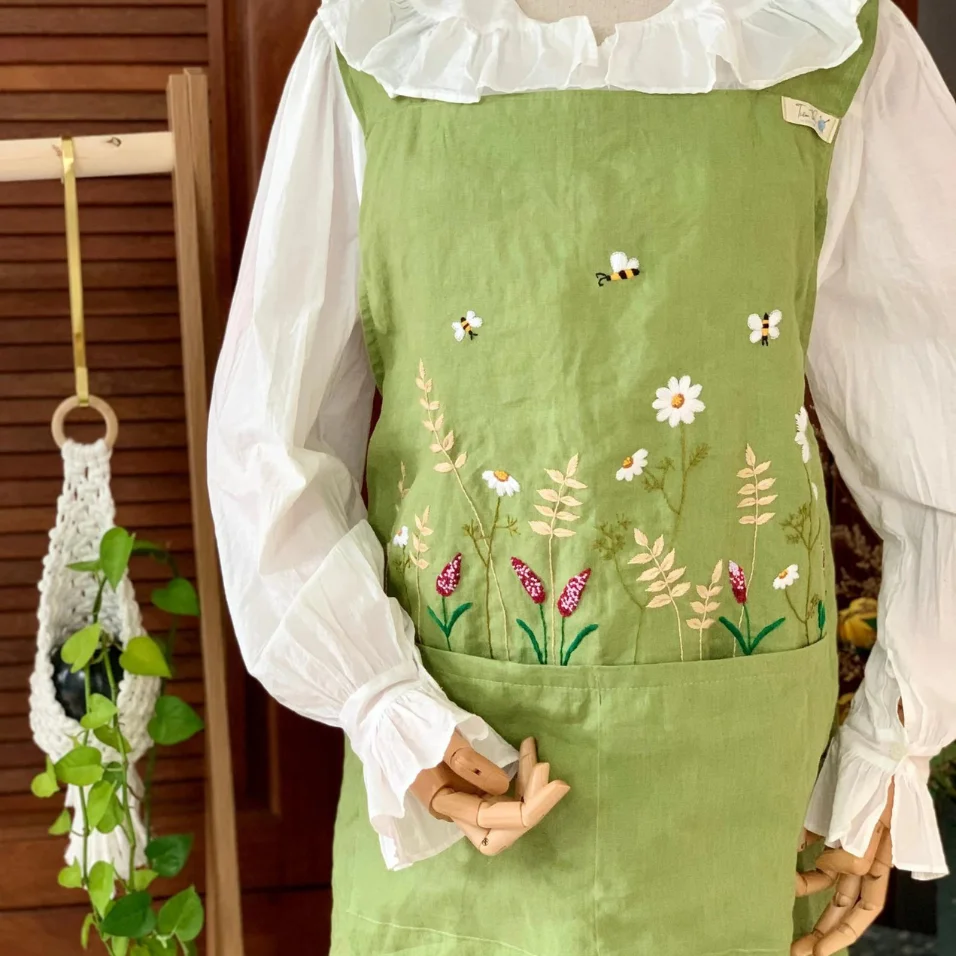 Льняной фартук с ручной вышивкой для женщин домашняя кухня сад сделано во Вьетнаме