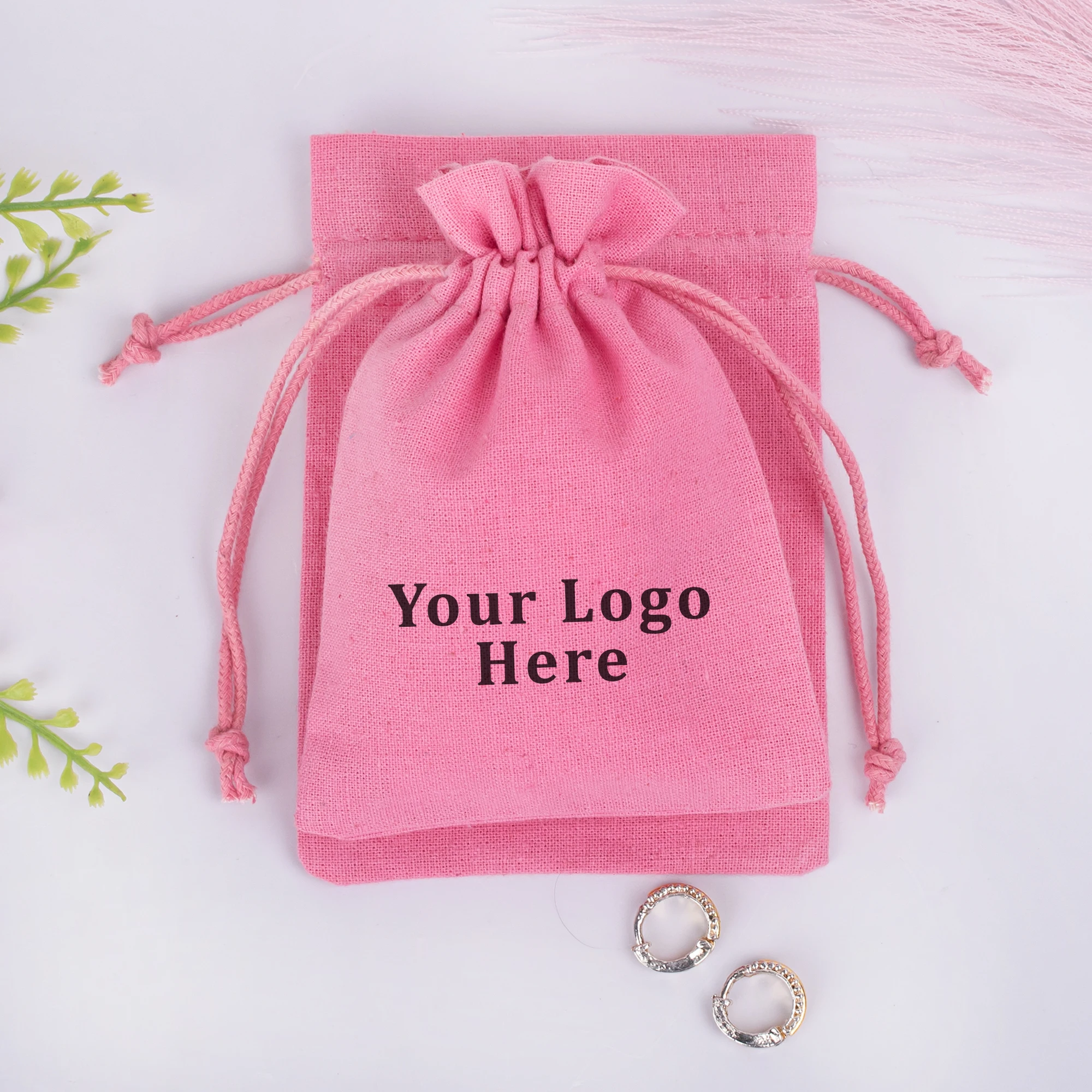 Customize Logo Handmade Light Pink Cotton Jewelry Organizer Pouch Indian Drawstring Wedding Favor Small Gift Bag Wholesale