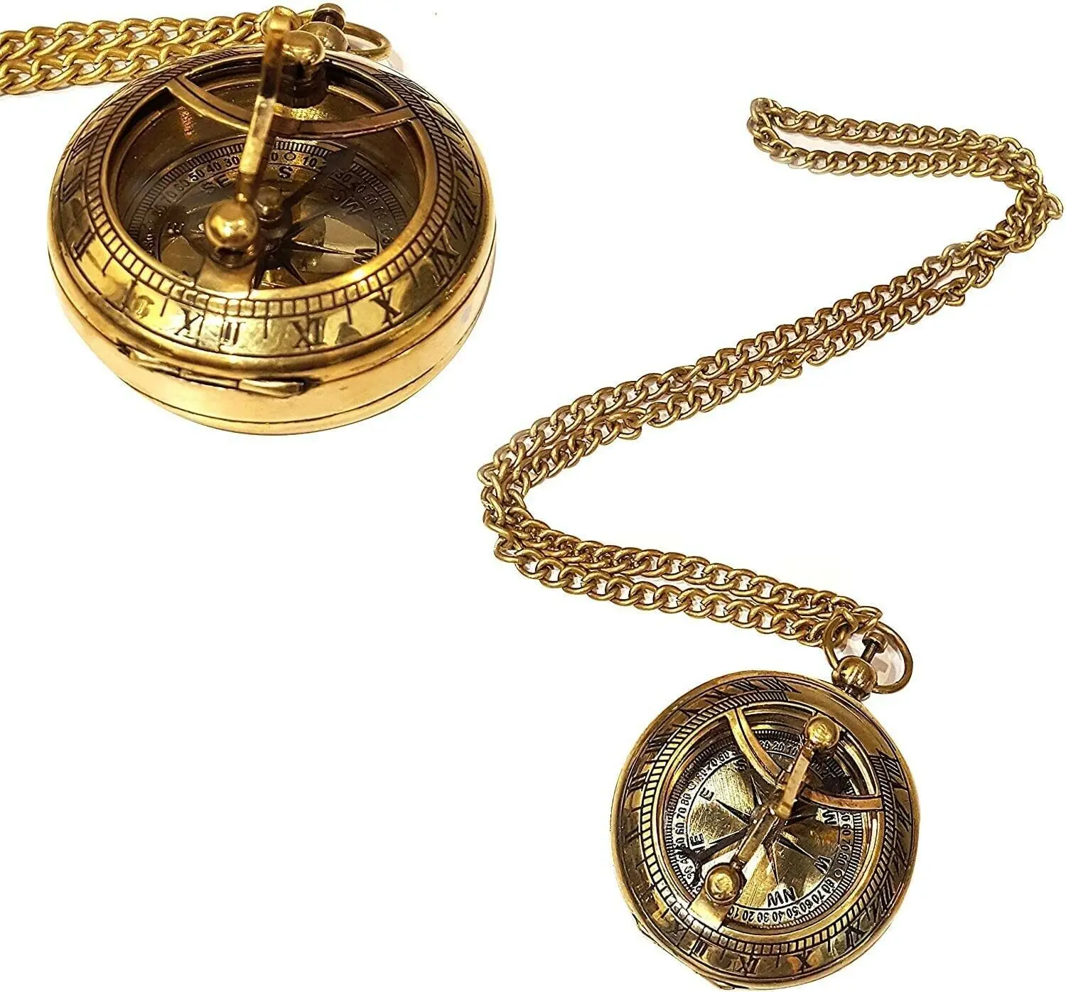 Antique nautical Sundial Push Button Solid Brass Compass with Chain Magnetic...Navigation Magnetic Compass New Product