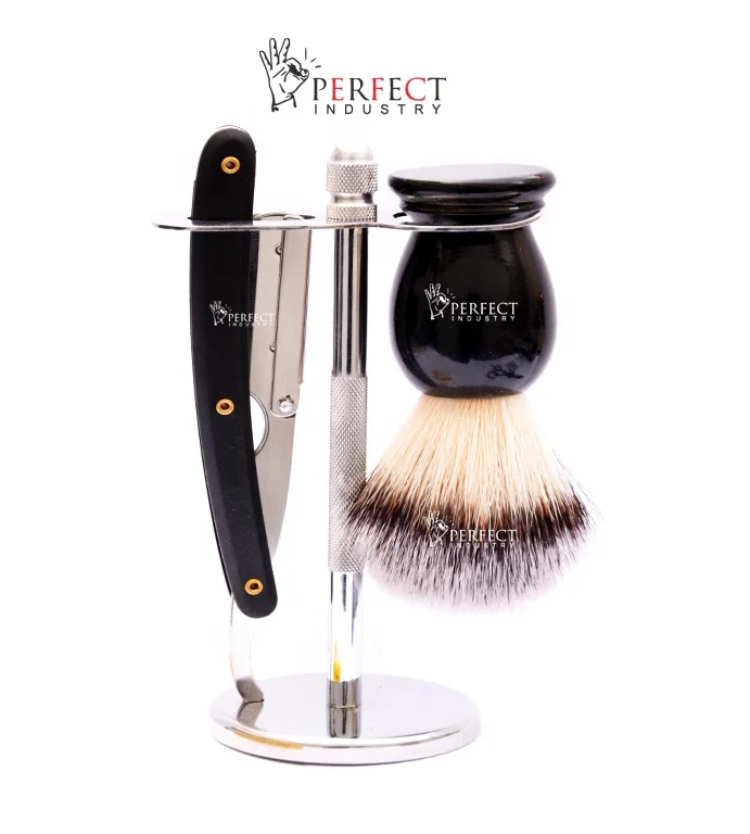 Hot selling finest Black & Chrome groomsmen set Black Fixed Blade Razor Black Shaving Brush & Shaving Stand Set