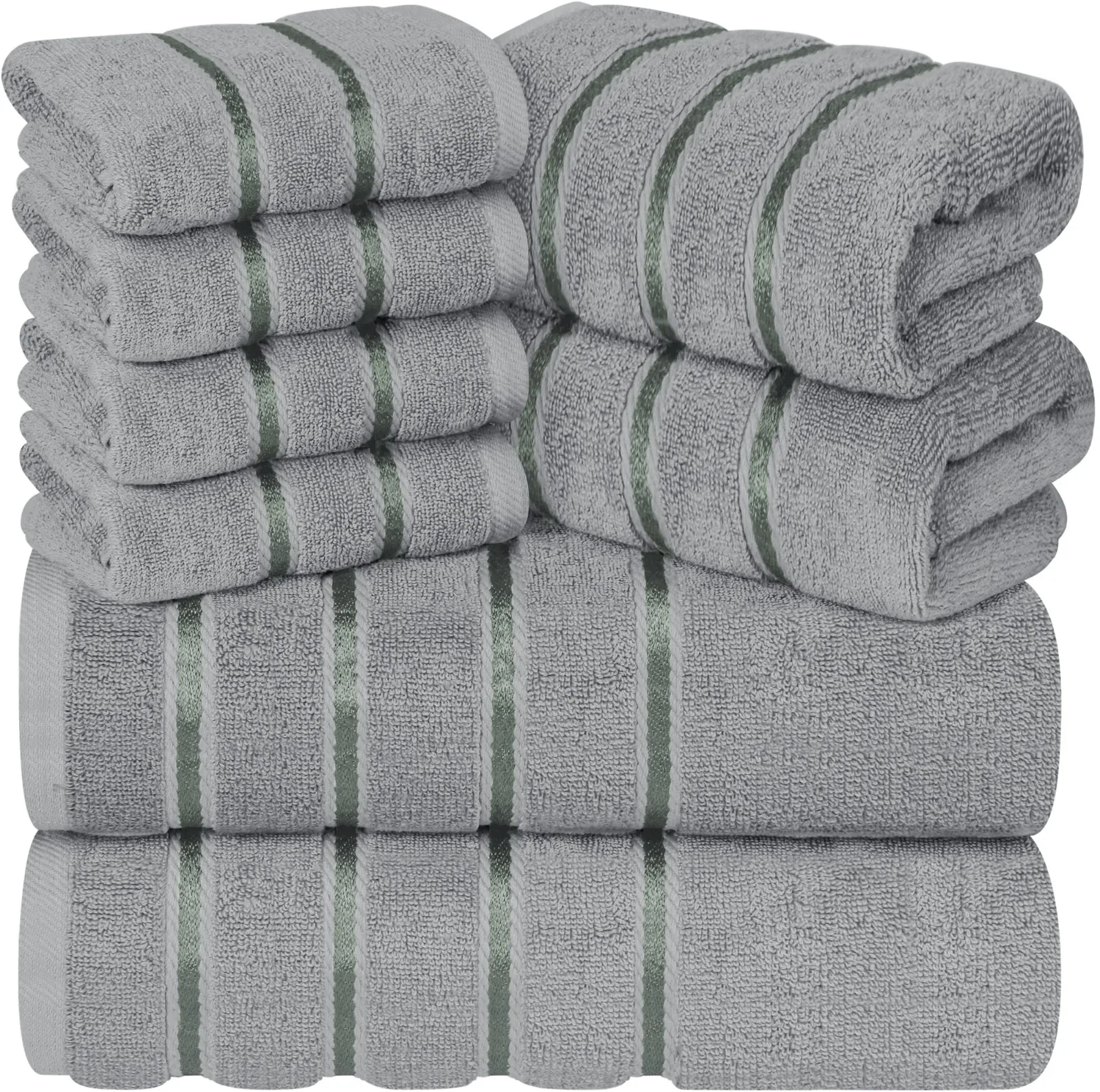 Dyed 8-Piece Luxury Towel Set of 2 Bath  2 Hand  & 4 Face Towels 600 GSM 100% Cotton Highly Absorbent Viscose Stripe  Daily Use