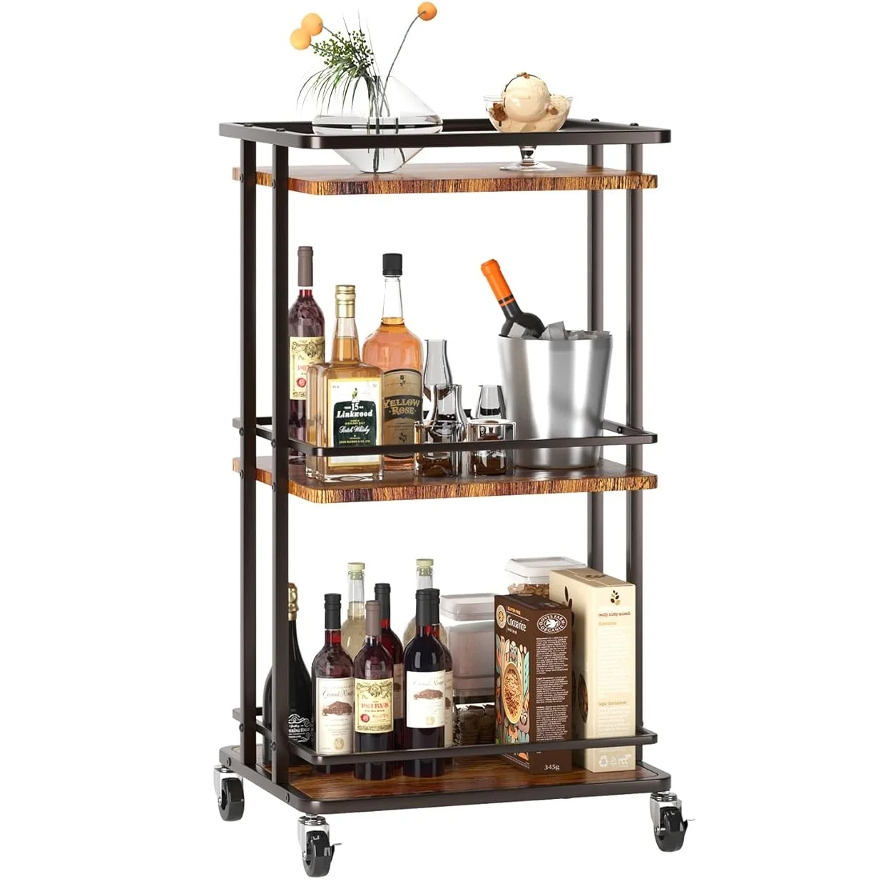 3 Tier Bar Cart for Home Bar for Wine Beverage Dinner Party Utility Kitchen Storage Island Serving Cart on Wheels Coffee Bar
